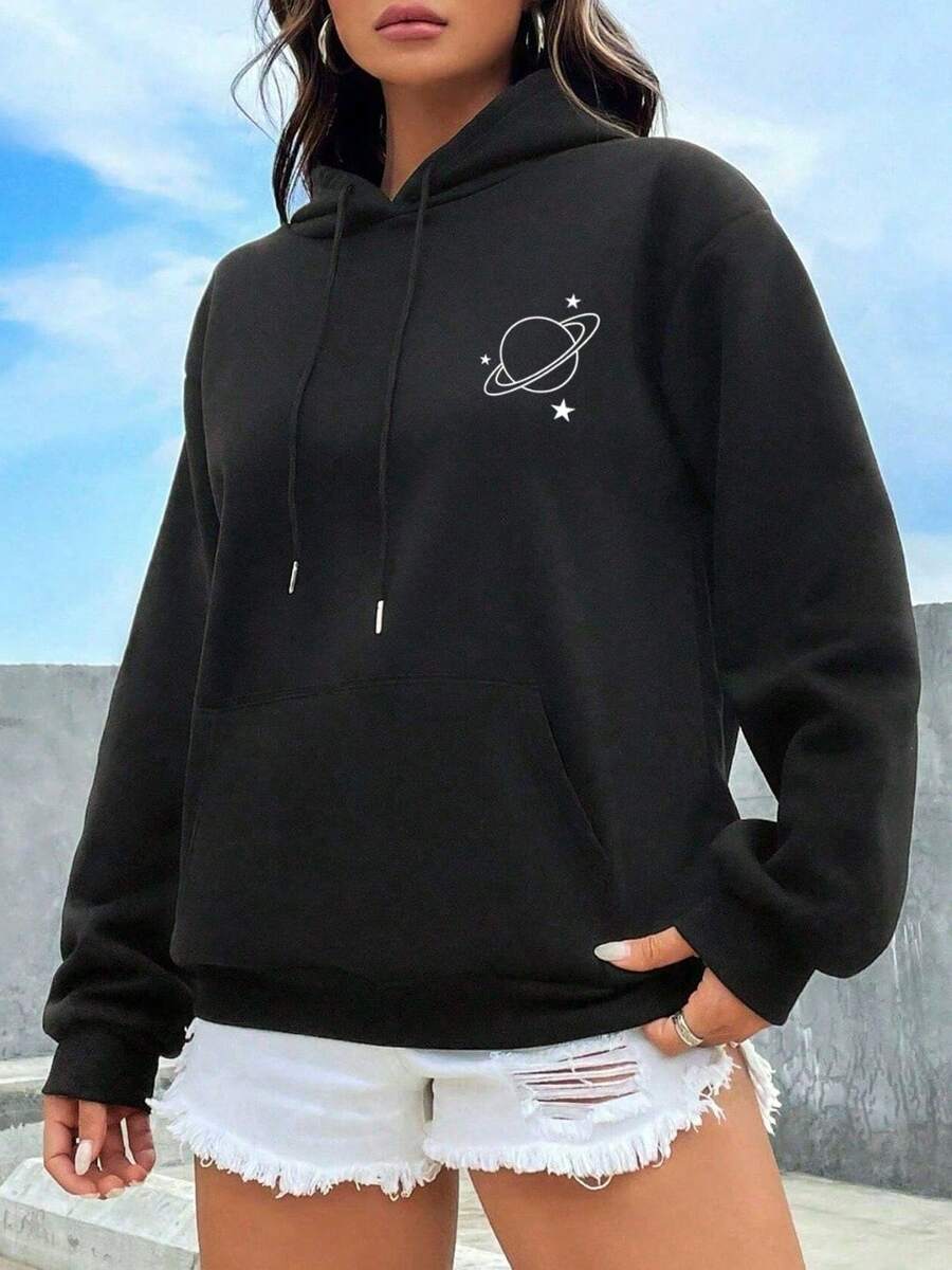 Moletom Feminino Blusa de Frio Estampa Planeta Estrela Moda Inverno Moletom Flanelado Com Capuz - Preto - Visão 1