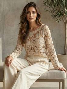Long-Sleeved Crochet Lace Blouse, Lightweight Cutout Design, And Street Style For A Casual Look. - 米色 - 查看 2