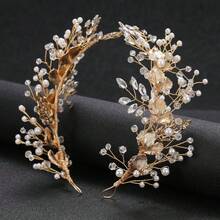 Clip para el cabello con forma de hoja dorada hecho a mano con perlas, diadema de cristal con rama de aleación para novia, para verano, playa, boda - Dorado - Ver 1