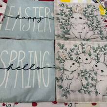 4件套复活节快乐水牛格纹兔子枕套，桉树叶春日问候沙发靠垫套，单面印花，不含枕芯 - 灰色和藍綠色 - 查看 4