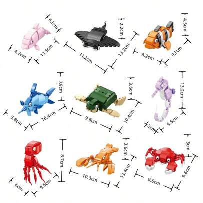 9pcs Micro Particle Cute Ocean Creature Building Blocks, ABS Material, DIY Puzzle Stress Relief Micro Particle Blocks, Suitable For Desktop Decor, Gift For Children, Birthday, Anniversary, Holidays, Comes With Elegant Gift Box