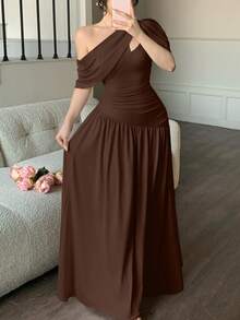 abyoxi 女士棕色褶裥修身喇叭连衣裙，优雅时尚，适合派对、约会、度假、婚礼、正式场合、宴会、教师节、母亲节、毕业典礼等场合，春夏弹力修身长裙 - 棕色 - 查看 6