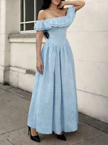 Unadoll 女士夏季性感单肩褶皱拉链设计优雅连衣裙，适合度假、约会、旅行、外出、生日、情人节等场合。 - 藍色 - 查看 9