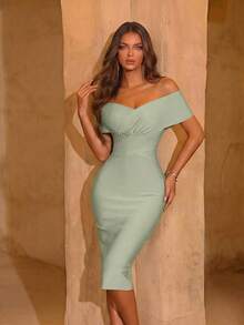 ADYCE Cross-Neck High Waist Zipper Back Fitted Mid-Length Bandage Dress For Wedding & Cocktail Party Summer Elegant - Mint Green - View 1