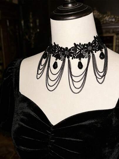 Gothic Lace Chokers For Women, Black Lace Choker Necklace Set, Victorian Steampunk Jewelry With Goth Necklace Design, Perfect For Halloween Wedding Cosplay Accessories