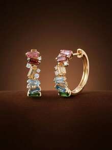 Khuyên tai vòng bằng bạc Sterling 925 đính đá Zirconia cầu vồng, món trang sức thiết kế sang trọng, thời trang, phù hợp để đeo hàng ngày hoặc dự tiệc. - Bông tai cầu vồng - Xem 3
