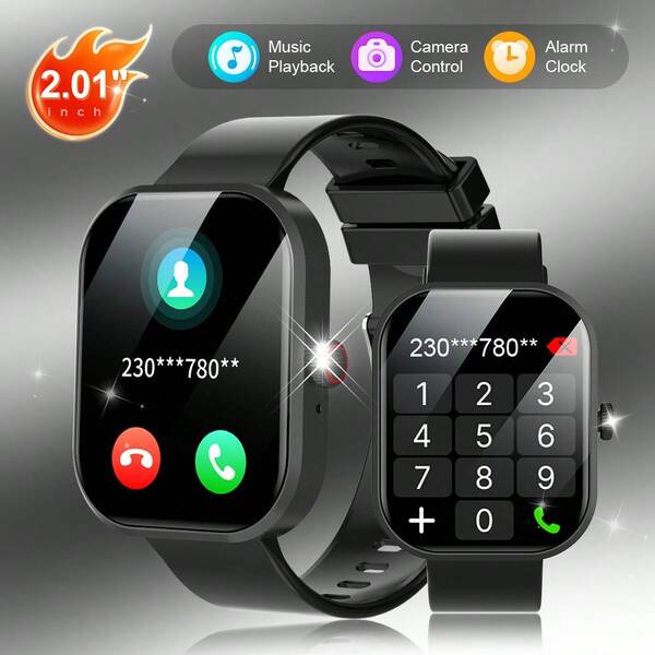 这款2.01英寸全触控高清智能运动手表支持无线通话、短信提醒、闹钟、多种运动模式、远程拍照、音乐播放等功能。它是一款多功能智能手表，兼容iOS和安卓智能手机。这款手表适合作为情人节、复活节、母亲节、父亲节、万圣节、感恩节和圣诞节等各种节日的礼物。