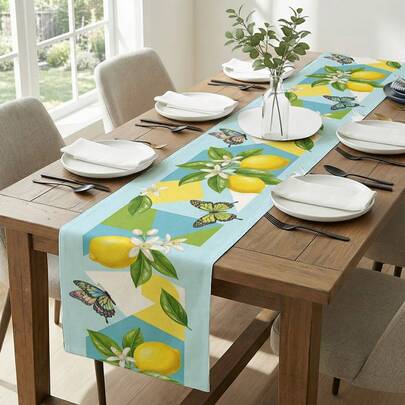 1 khăn trải bàn in hình bướm và chanh, thích hợp cho các dịp lễ, tiệc tùng, sinh nhật, bữa tối, trang trí bàn nhà hàng, mọi mùa, trang trí nhà cửa.