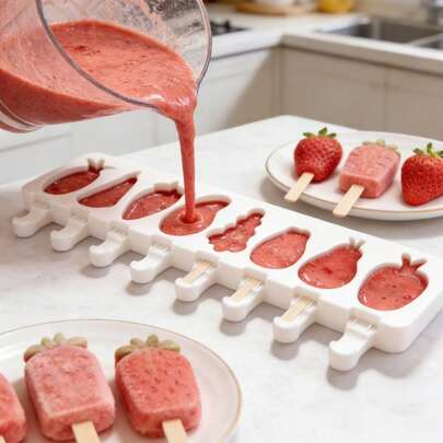 1pc 8-Cavity Fruit & Animal Shaped Ice Cream Mold, DIY Ice Cream Mold, Comes With Lid And 50pcs Wooden Sticks