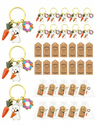 15/6 piezas Llaveros de conejo de Pascua y zanahoria de aleación, con tarjeta de agradecimiento y bolsa con cordón; Recuerdos de fiesta de Pascua, decoración de mesa de Pascua, premios de búsqueda de huevos de Pascua, encantos lindos de bolsa de Pascua, recuerdos de invitados de Pascua, pequeños regalos para eventos de primavera, rellenos de canasta de huevos, regalos de desfile festivo