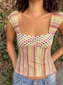 Y2K Women's Slim Fit Sleeveless Lace Up Top - Classic Plaid/Striped Printed Sleeveless Square Neck Vest Summer Shirt - 彩色 - 查看 1