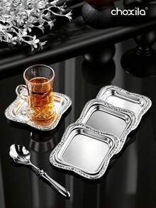 choxila 1/3件套磨砂金边杯托，方形杯托，杯垫，餐盘，枣盘，糖果盘，红茶杯盘，适用于家庭、咖啡馆、斋月 - Tray - 查看 1