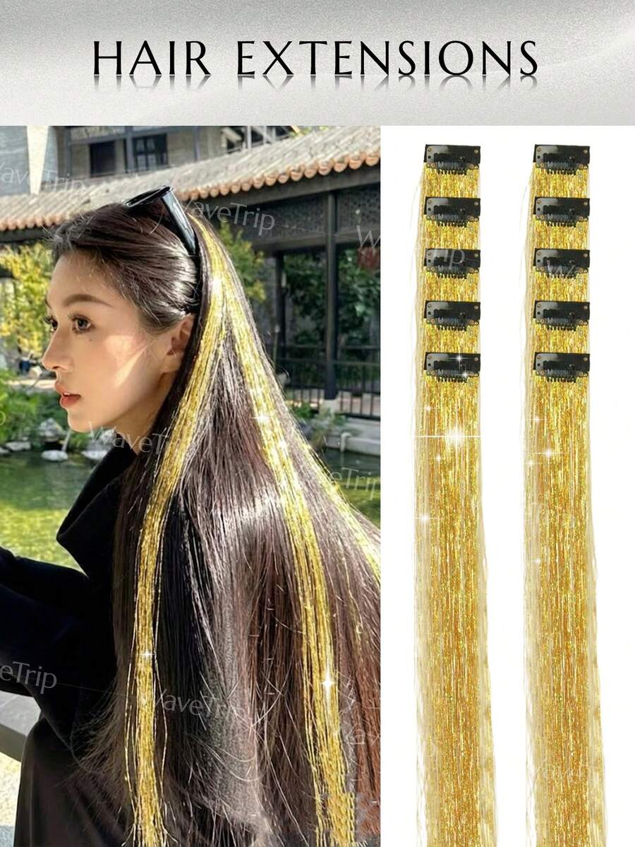 Ss 風格髮飾 女款度假穿搭髮夾 情人節接髮片 夏季穿搭髮飾 24 英吋亮片接髮夾套組 耐熱閃粉仙女髮飾 適合女性 - 金色 - 查看 1