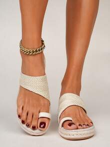 女士时尚草编厚底人字拖 - 杏色 - 查看 18