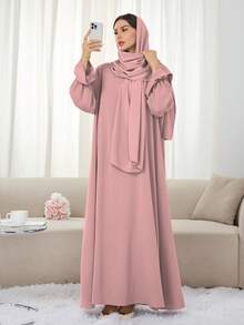 1pc Soft Dress With Attached Hijab, Floral Sleeve Design, Classic Versatile Abaya Spring - Multicolor - View 57