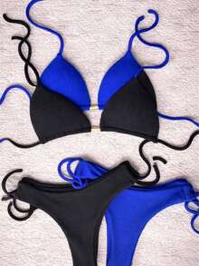 Set Of 2 Triangle Bikini Tops With Padded Cups And Double String Semi-Thong With Knot Detail For Beach And Vacation - 黑藍 - 查看 1