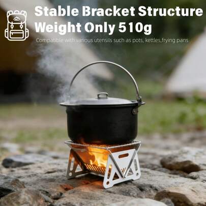 Portable Stainless Steel Campfire Stove | Heavy Duty Foldable Outdoor Cooking Set With Chimney & Fire Pit, Suitable For Charcoal/Firewood, For Hiking, Camping, Survival, Backyard Use - Igniter Not Included
