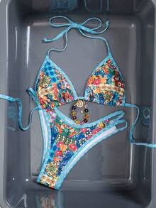 Floral & Plaid Print Halter Tie Front Bikini Set Vacation - Multicolor - View 4