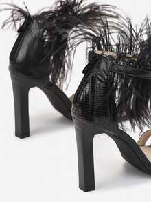 Women's Fashionable Elegant Feather Decor High Heel Sandals, Suitable For Party Occasions - Hitam - View 4