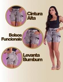 Short Jeans Feminino Cargo Bolso Lateral Cintura Alta Blogueira 100% Algodão Verão - Cinza - Visão 9