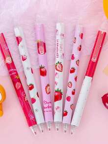 Random Cute Sweet Strawberry Click Gel Pen Black Student Prize Gift 4pcs Back To School - One Size - View 7