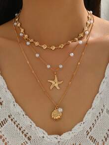 3pcs/Set Summer Bohemian Ocean Style Handmade Alloy Shell Necklace, Minimalist Faux Pearl Choker With Gold Starfish & Shell Pendant, Suitable For Beach Vacation, Daily Wear, Party, Dinner - Multicolor - View 1