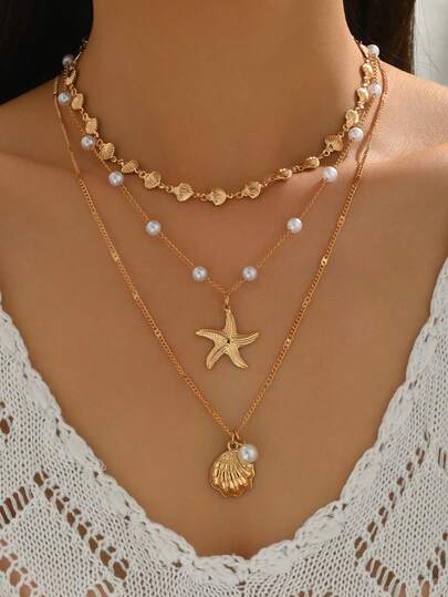 3pcs/Set Summer Bohemian Ocean Style Handmade Alloy Shell Necklace, Minimalist Faux Pearl Choker With Gold Starfish & Shell Pendant, Suitable For Beach Vacation, Daily Wear, Party, Dinner