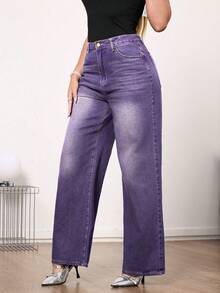 Women's Mid Rise Vintage Wide Leg Denim Jeans - Non-Stretchy Elegant For Home Leisure - Purple - View 3