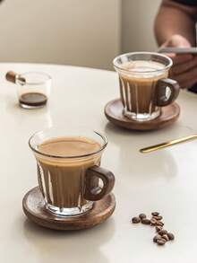 1pc/Set Walnut Wood Coffee Cup & Saucer, Minimalist Wabi-Sabi Style Walnut Wood Handle Cup Mat Glass Coffee Cup & Saucer, High-Quality Elegant Household Dining Room Cup & Saucer - Multicolor - View 4