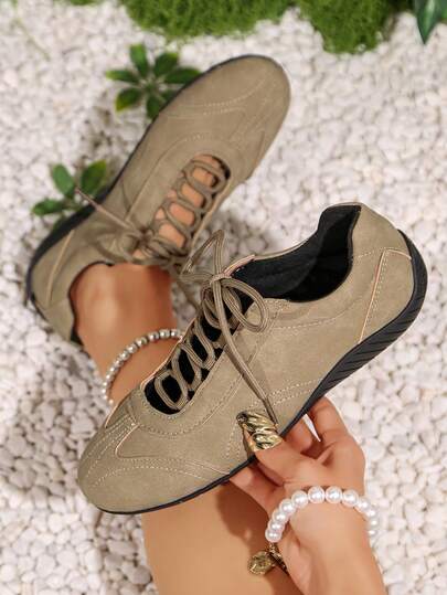 Women's Lace-Up Casual Sneakers, Breathable Comfortable Running Shoes, Flat Simple Leisure Sports Shoes, Student Skateboarding Shoes