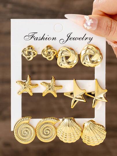 2/12pcs New Fashion Smooth Gold Rose, 5-Petal Flower, Leaf, Starfish, Seashell Earring Set, Low Allergy Thick Gold Earrings, Elegant For Daily, Party, Gift For Friends And Mothers