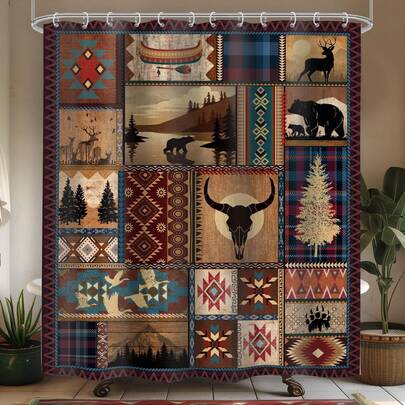1pc Vintage Country Style Western Shower Curtain, Rustic Southwestern Ranch, Deer Bear Countryside Cabin, Suitable For Bathtub Divider, Bathroom Accessories Decor