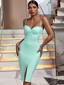 Damen sexy elegantes Mini-Bandage-Slip-Kleid, geeignet für Party, Cocktail, Hochzeitsgast - Babyblau - Übersicht 2