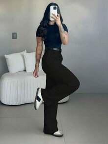 Women's High Waist Wide Leg Pants |   Spring Women's Clothing |   Casual Elegant Office Pants |   Spring Casual Wear |   Solid Color Loose Straight Bottoms |   Spring Apparel |   Women's Casual Wear |   Soft Comfortable Casual Pants |   Women's Casual Wear Matching |   Minimalist Fashionable Workwear |   Casual Suit |   New Year Preparation Spring/Autumn Essential, No Belt Included - 黑色 - 查看 5