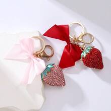 Girl's Heart-Shaped Rhinestone Strawberry Keychain, Alloy Paved Rhinestone Bow & Lobster Clasp Pendant, Sweet Fashionable Bag Charm, Popular Small Gift - Multicolor - View 4