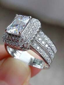 Anillos de pareja rectangulares de lujo con tres capas y cuatro garras, joyería de regalo de compromiso/boda con circonita cúbica sintética - Blanco - Ver 1