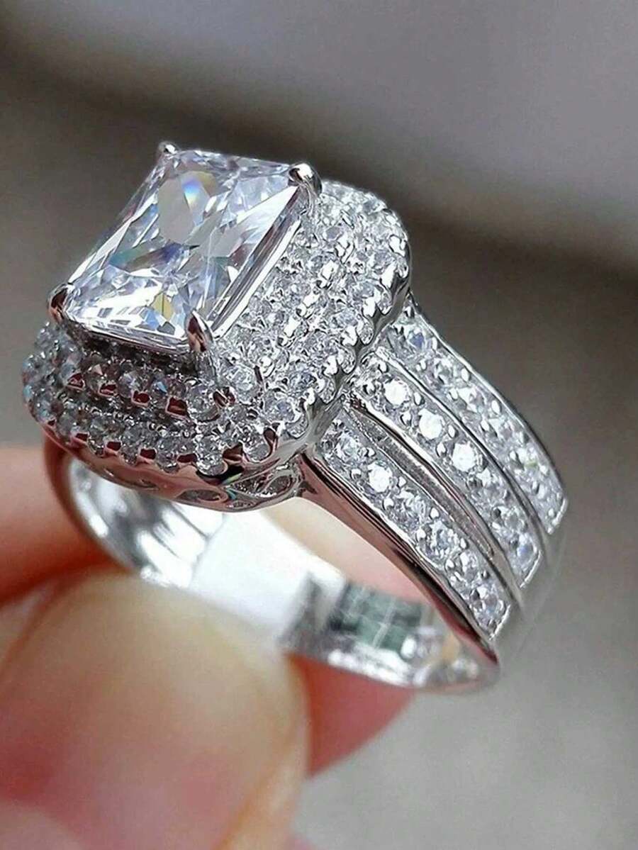 Anillos de pareja rectangulares de lujo con tres capas y cuatro garras, joyería de regalo de compromiso/boda con circonita cúbica sintética - Blanco - Ver 1