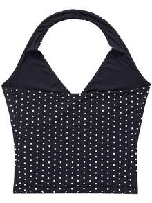 OMKAGI  Women's V-Neck Collarless Short-Sleeved Tank Top Y2K  Streetwear Style Top See-Through Top With Exposed Neckline - 黑白波點 - 查看 3