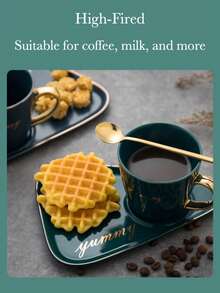 Ceramic Coffee Mug & Tea Cup Set, Gilded Asymmetrical Shape, Personalized For Home, Office, Couples Gift, Birthday Gift - Dark Green - View 3