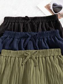 3pcs/Set Girls' Casual Solid Color Pants With Bow Decor Elastic Waistband, Suitable For Spring & Autumn - Army Green - View 5