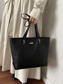 Women's Fashion Versatile Contrast Color Tote Bag, Lightweight Minimalist, Soft Material Large Capacity Shoulder Bag - Black - View 4