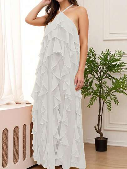 Women's Halter Long Dress Summer Fashionable Solid Color Backless Sleeveless Ruffle Dress