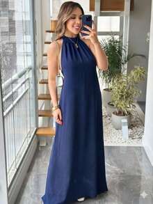 Women's Long Dress Duna Tank Top Backless High Neck Elegant Casual Summer - Màu xanh hải quân - Xem 4