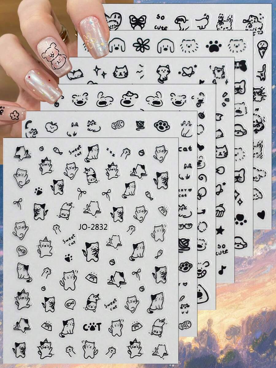 3/6张可爱动物美甲贴纸 猫 熊 爪子 黑白涂鸦美甲贴花 - 彩色 - 查看 1