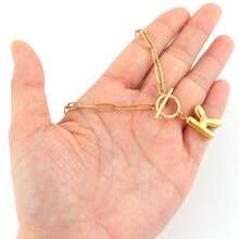 1pc New Fashion Bubble Initial Toggle Clasps Pendant Golden Stainless Steel Paper Clip Chain Necklace For Women - Yellow Gold - View 3