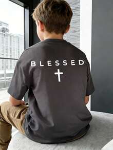 1pc Tween Boy Casual Graphic Print Short Sleeve T-Shirt, Summer Top For Young Students - Dark Grey - View 4