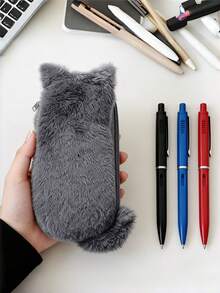 1pc Japan Cat Pencil Case, Large Capacity Student Stationery Pouch, Cute High-Quality 2025 New Cat Pencil Bag, Adorable Plush Doll Aesthetic Unique Design - Grey - View 2