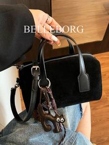 Matte Finish Tote Bag With Large Capacity, Fashionable Ladies' Handbag With Pendant - Black - View 2