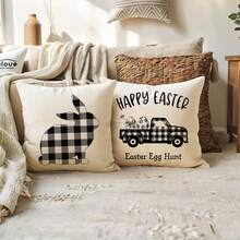 4PCS Happy Easter Pillowcase Black And White Buffalo Check Farmhouse Style Square Pillowcase Easter Bunny/Easter Egg Spring Cushion Cover Single-Sided, Pillow Not Included - Black - View 5