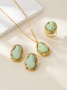 Bộ trang sức ngọc trai cổ điển không đều, gồm dây chuyền, bông tai và nhẫn, thích hợp cho nữ giới đeo hàng ngày, dự lễ hội, đi nghỉ mát và làm quà tặng. - Vàng + Xanh lá - Xem 5